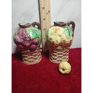 Vintage Dala Japan Ceramic Oil and Vinegar Cruet Set Fruit Basket Design 4 Inch